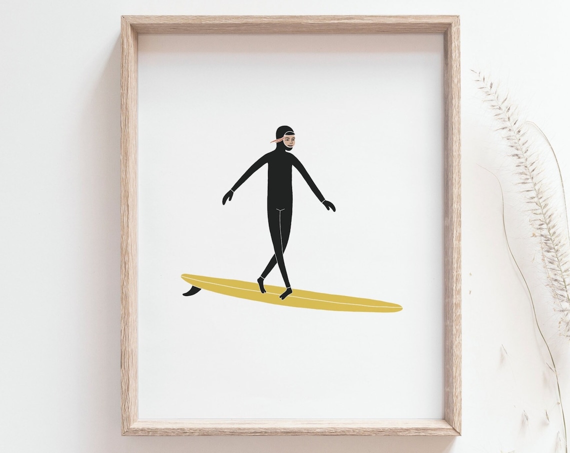 Surfer Girl Riding a Longboard, Minimalist Art Poster