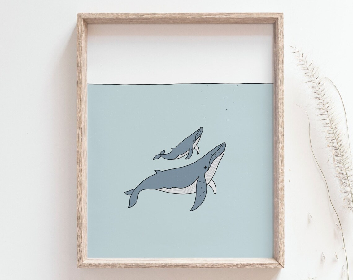 Humpback Whale Mother Calf Pastel Under the Sea Nursery Poster