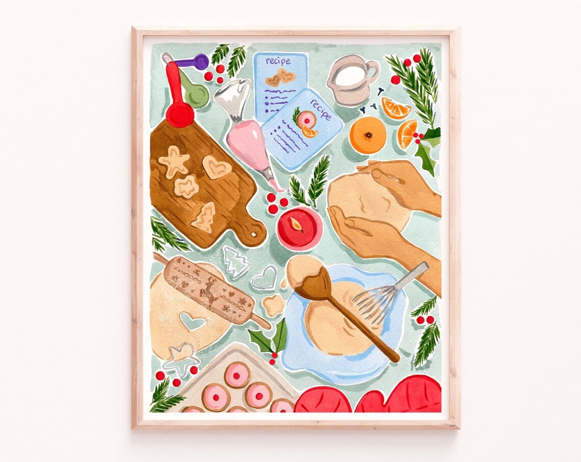 Christmas Baking Art Print, Holiday Watercolor Gouache