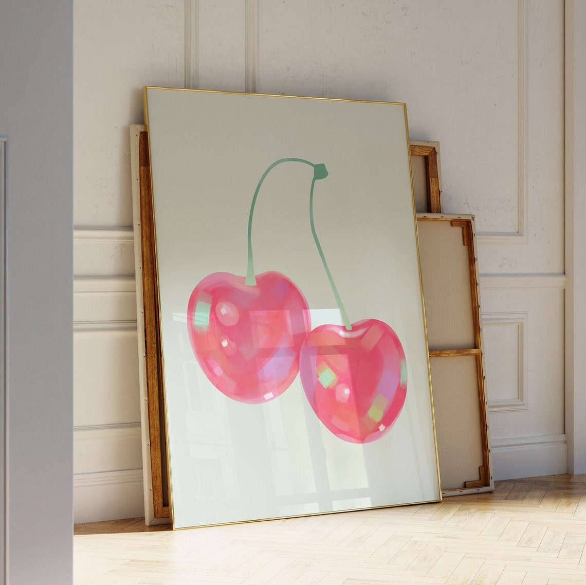 Glossy Red Cherries Fruit Illustration Cherry Pair Trendy Wall Art - Image 3