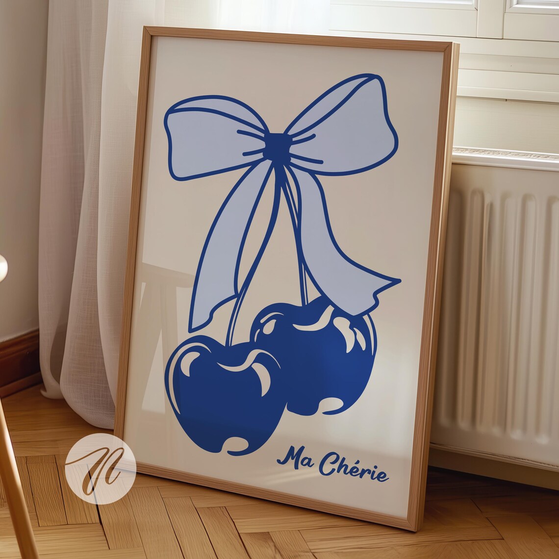 Ma Cherie Navy Blue Cherry Bow Coquette French Style Art Poster