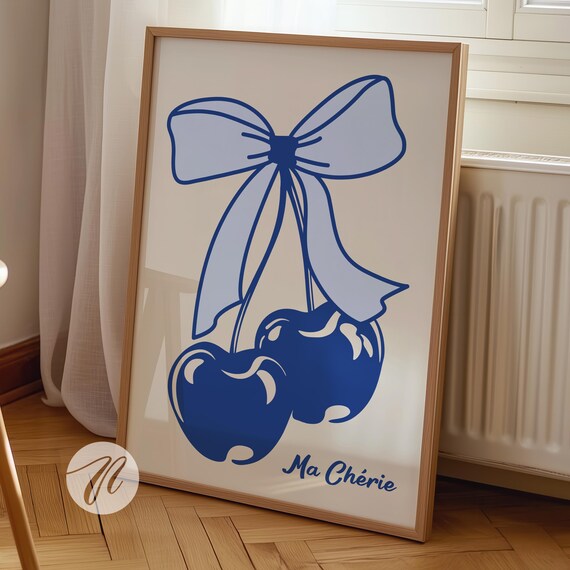 Ma Cherie Navy Blue Cherry Bow Coquette French Style Art Poster