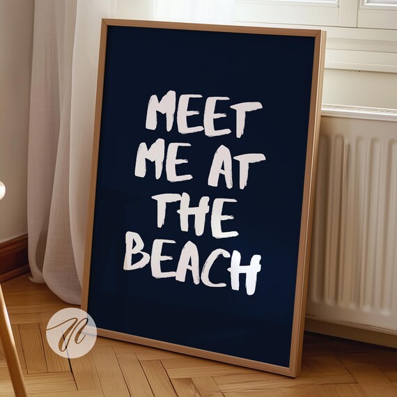 Meet Me At The Beach Navy Blue Brush Lettering Typography Poster