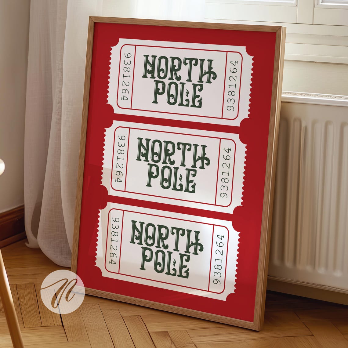 North Pole Red Christmas Ticket Stub Holiday Bar Cart Art Poster