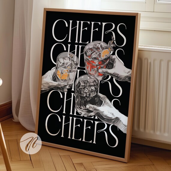 Cheers Abstract Bar Cart Decor, Vintage Wall Art Print