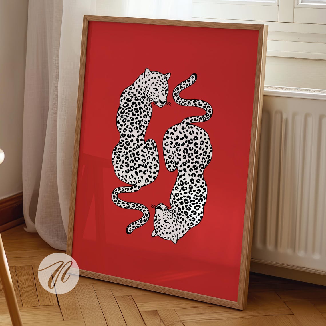 Two Spotted Leopards Bold Red Background Preppy Animal Art Poster