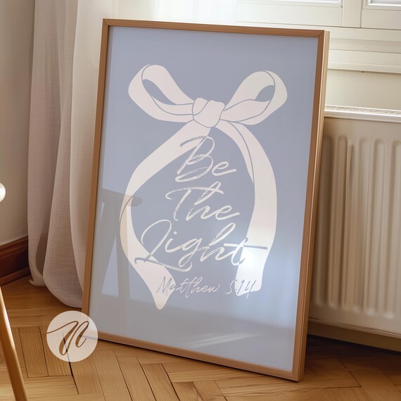 Blue Bow Print Preppy Wall Art Coquette Room Decor Bible Verse Matthew 514 Quote College Apartment Girly