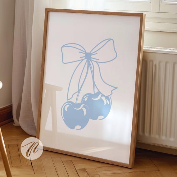 Blue Bow Cherry Print Coquette Room Decor Light Poster Old Money Dorm Preppy Beachy Wall Art Coastal Apartment