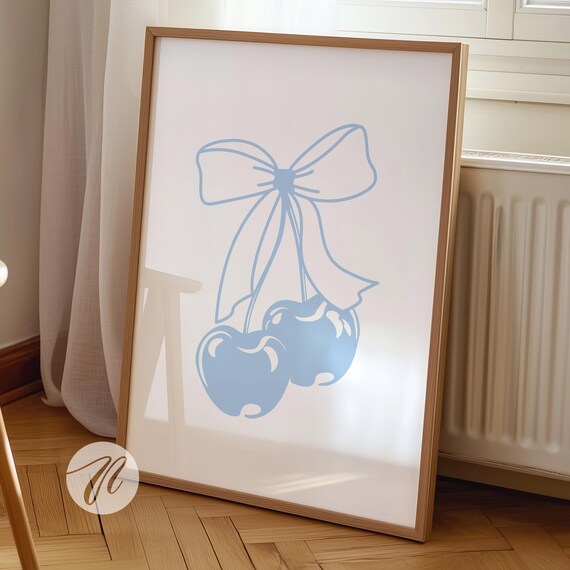 Light Blue Bow and Cherries Line Art Poster Minimalist Coquette Illustration