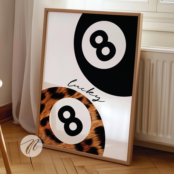 8 Ball Leopard Print Retro Lucky Girl Poster Black Vintage Pool Wall Art Y2k Apartment Decor Funky Eight Bar Cart