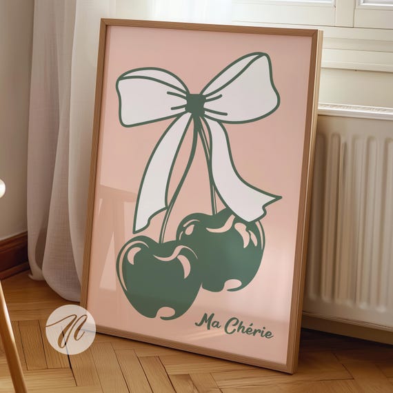 Pink Green Bow Cherry Poster Hand Illustrated Wall Art Prints Trendy Preppy Room Coquette College Apartment Decor