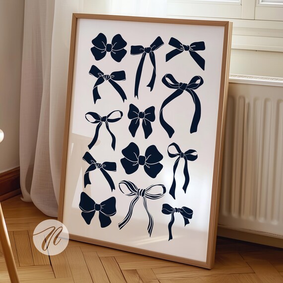 Navy Blue Bow Collage Coquette Trendy Preppy Room Decor Poster