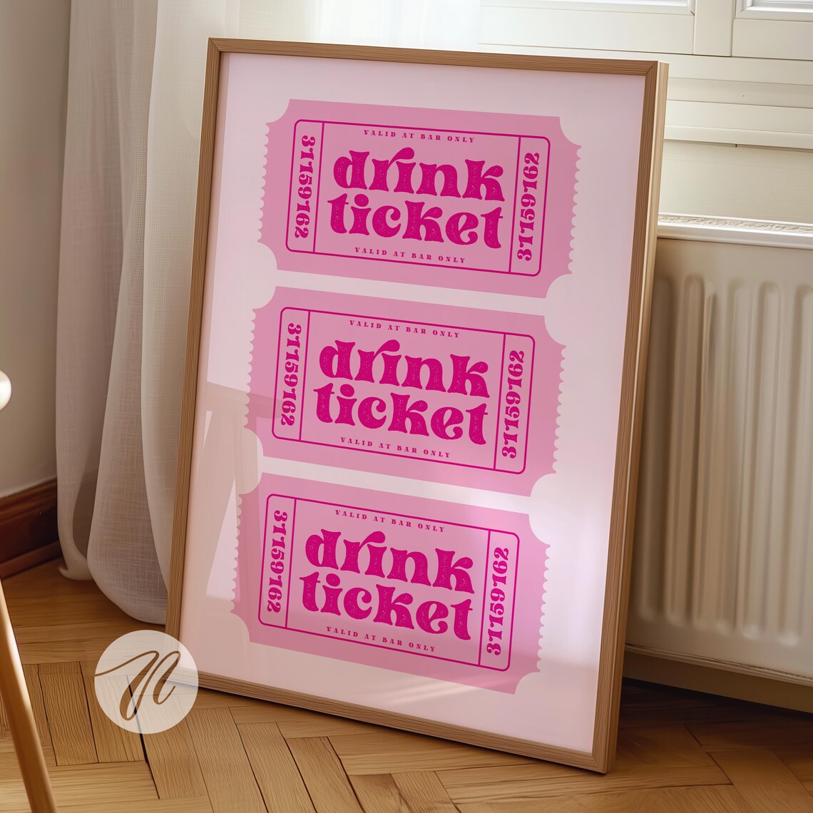 Pink Drink Ticket Trio Retro Happy Hour Bar Cart Decor Wall Art