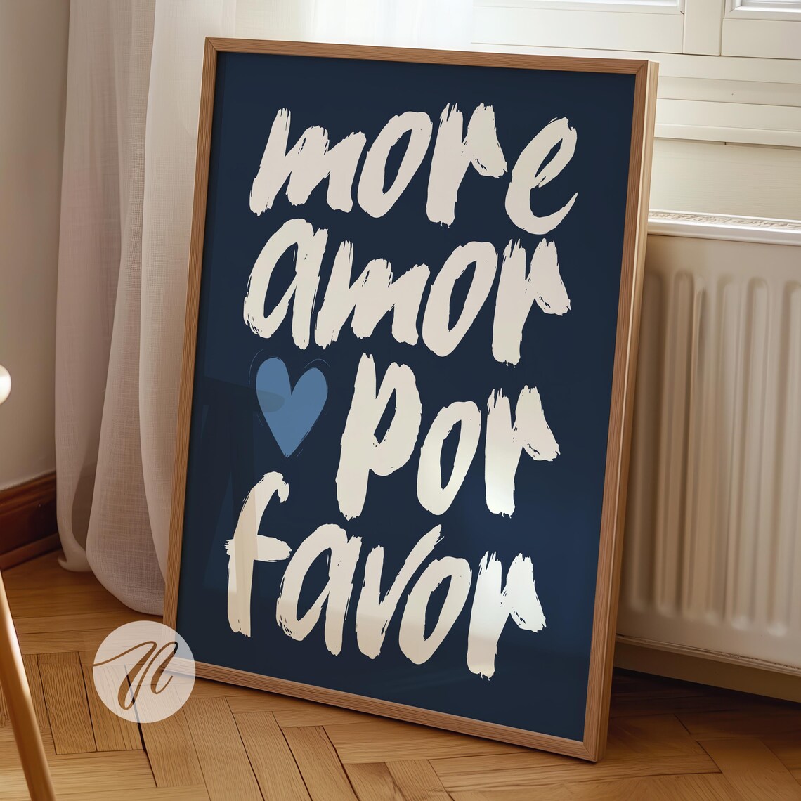 More Amor Por Favor Navy Blue Heart Brush Lettering Quote Poster