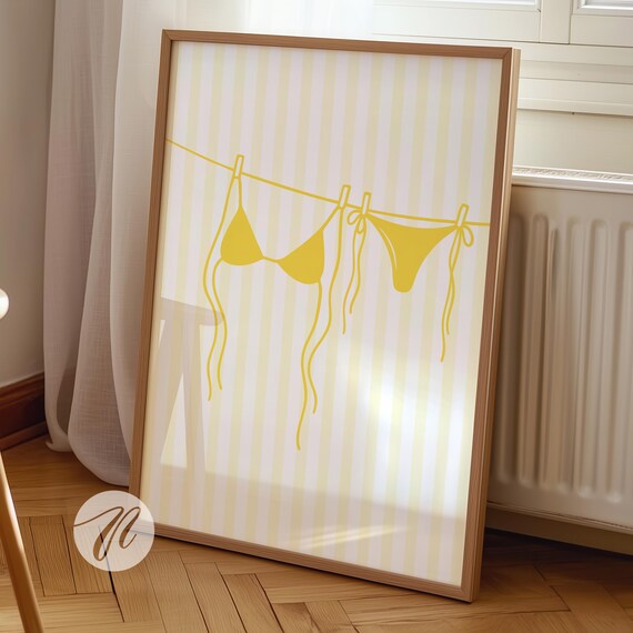 Yellow Bikini Swimsuit on Clothesline Striped Coastal Beach Poster