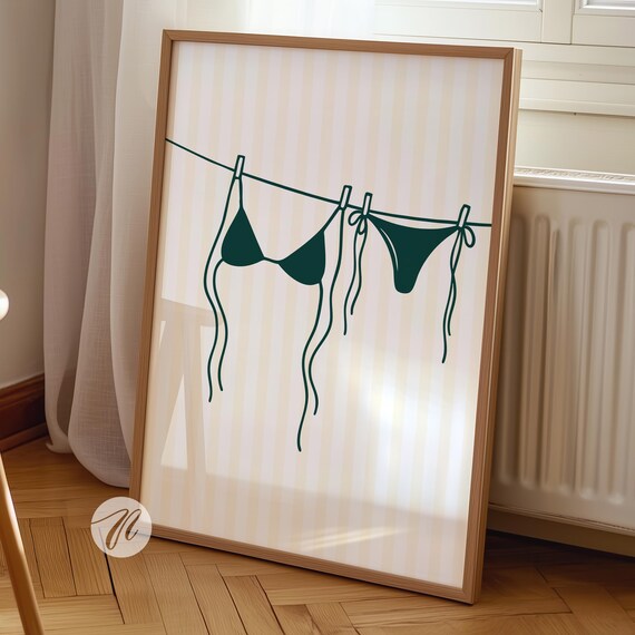 Green Bikini On Clothesline Line Art Coastal Wall Decor Poster