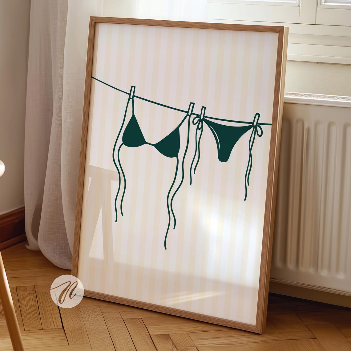 Green Bikini On Clothesline Line Art Coastal Wall Decor Poster