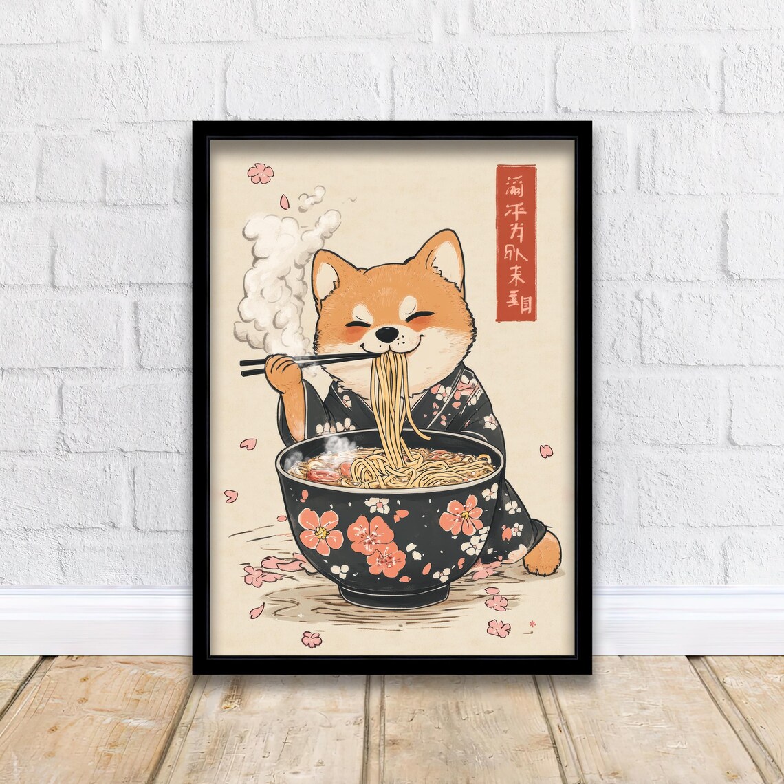 Shiba Inu Slurping Ramen In Kimono Japanese Cherry Blossom Poster