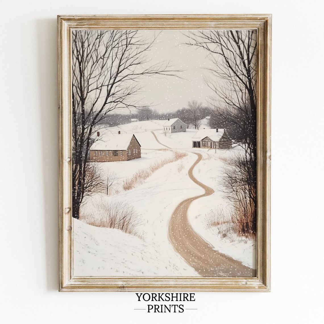 Winter Wall Art Neutral Christmas Decor Vintage Winter Landscape Print Snowy Village Painting Farmhouse Holiday Wall Art