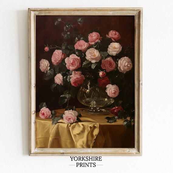 Moody Vintage Flower Print Vintage Inspired Pink Rose Still Life Art Print Romantic Floral Wall Decor Classic Botanical Art