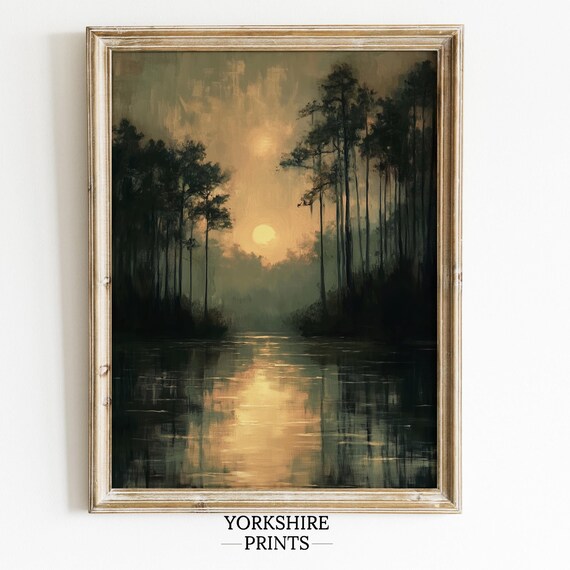 Moody Landscape Painting Vintage Dark Artwork Wall Art Moonlight Decor Vintage Autumn Night Painting Moody Rustic Wall Art