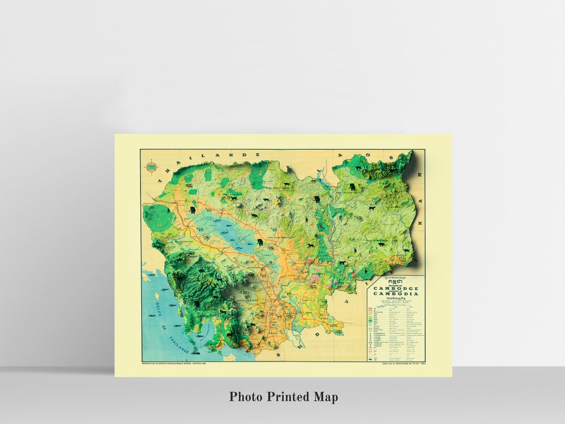 Old Cambodia 1964 Vintage Relief Map Green Topographic Wall Art - Image 2