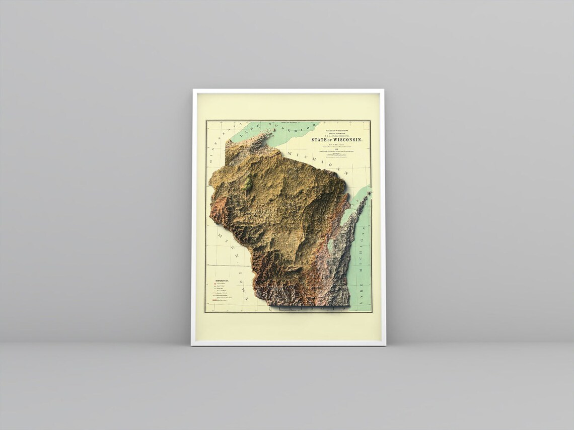 Wisconsin 1886 Antique Relief Map State Brown Terrain Poster - Image 2