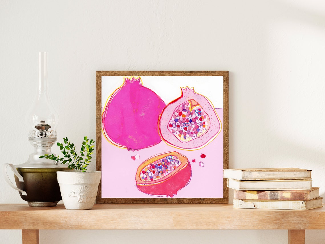 Pink Pomegranate Watercolor Fruit Kitchen Modern Still Life Poster