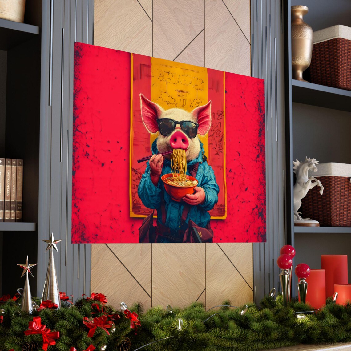 Cool Pig Eating Noodles Red Banner Retro Street Food Wall Print - Image 3