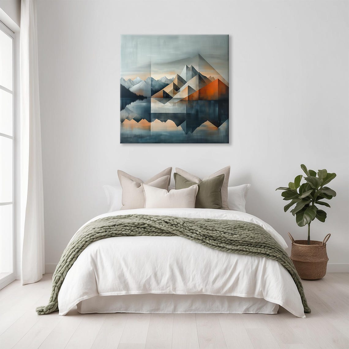 Geometric Alpine Peaks Mirror Lake Misty Cool Tone Modern Poster