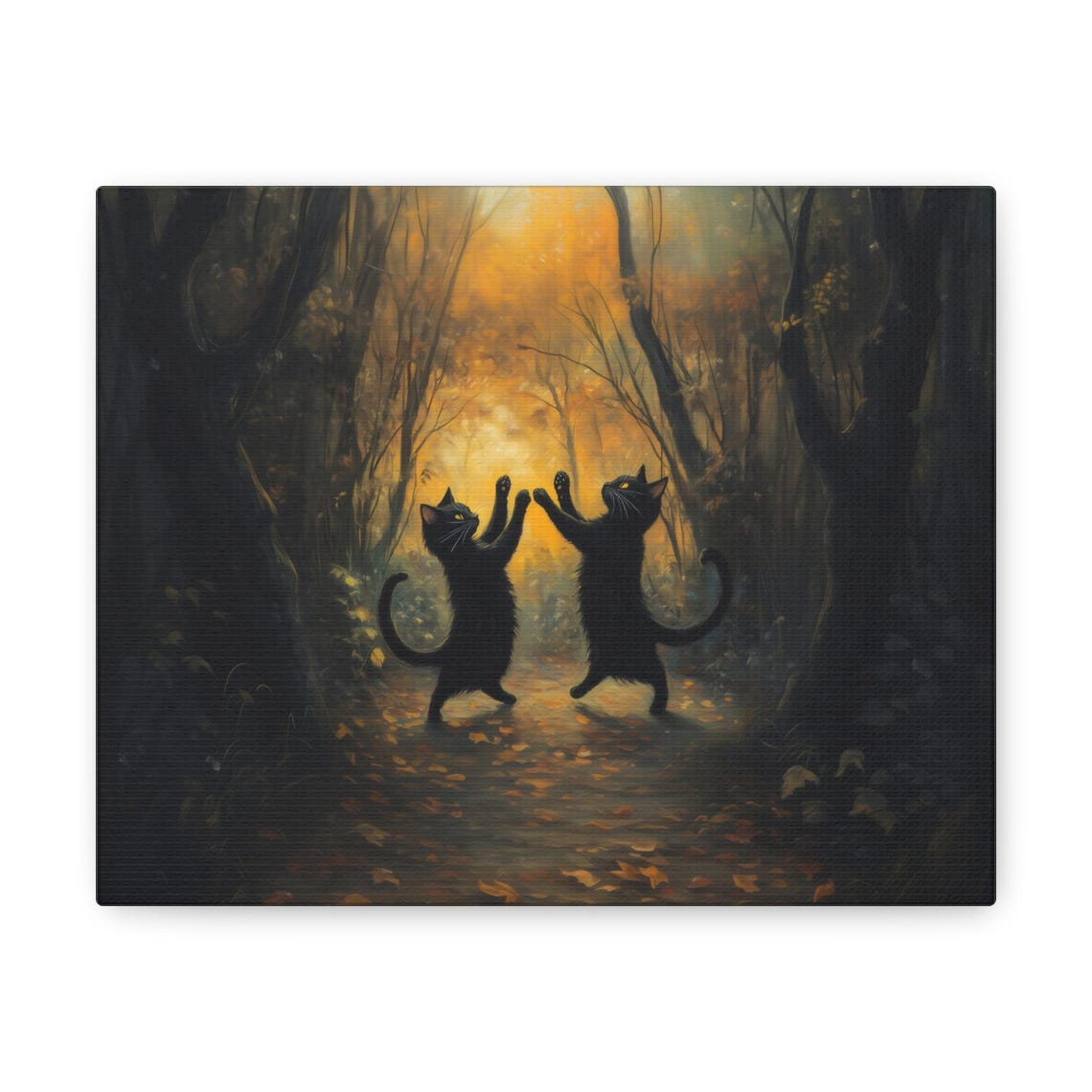 Black Cats Dancing in Enchanted Golden Autumn Forest Night Poster - Image 2