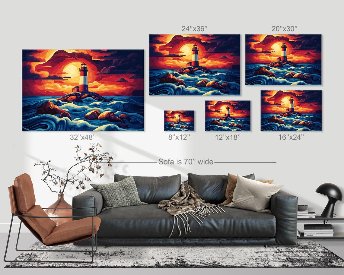 Striped Lighthouse On Rocky Island Dramatic Sunset Waves Poster - Image 3