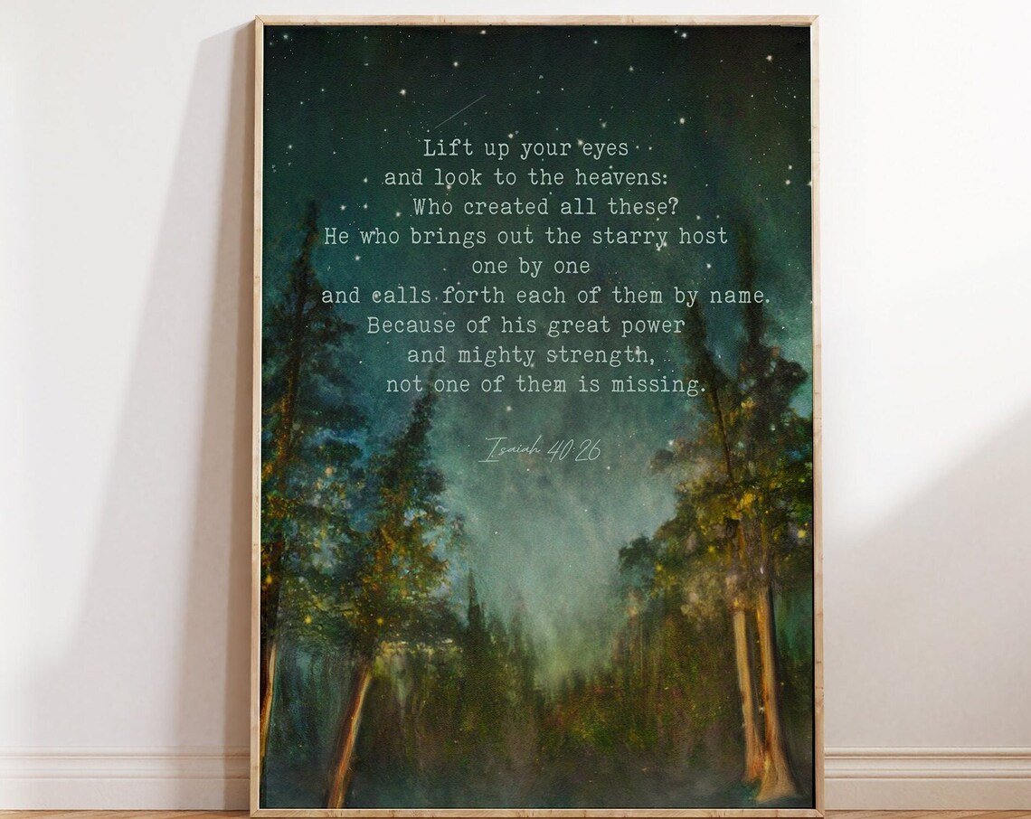 Isaiah 40:26 Scripture Art Print, Stars and Pines