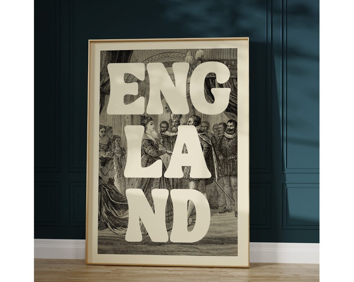Vintage England History Poster With Elizabethan Court Engraving Art - Image 2