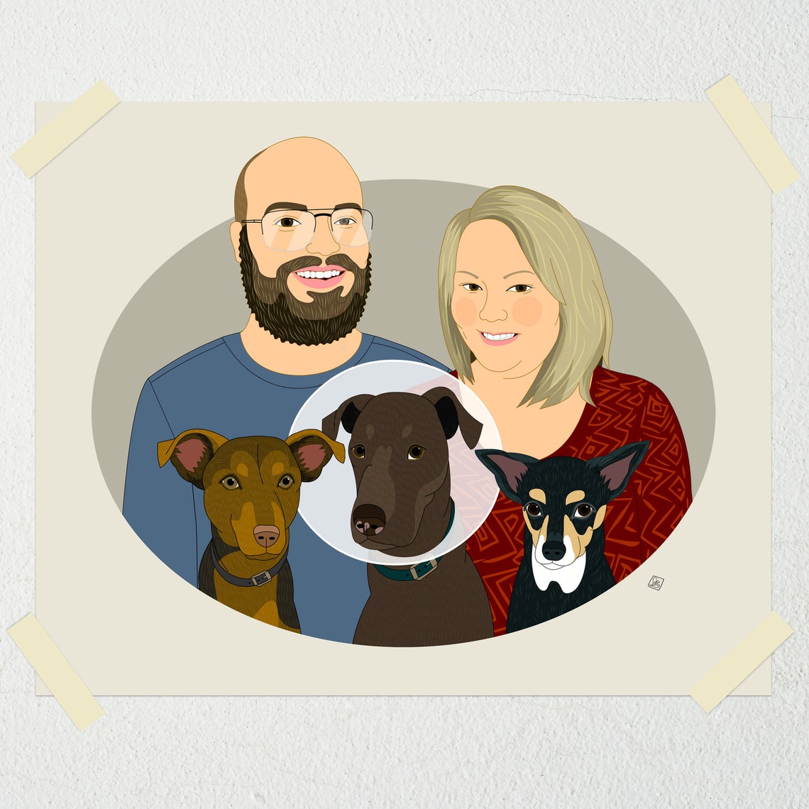 Couple With Four Dogs in Oval Frame Custom Family Portrait Poster - Image 5