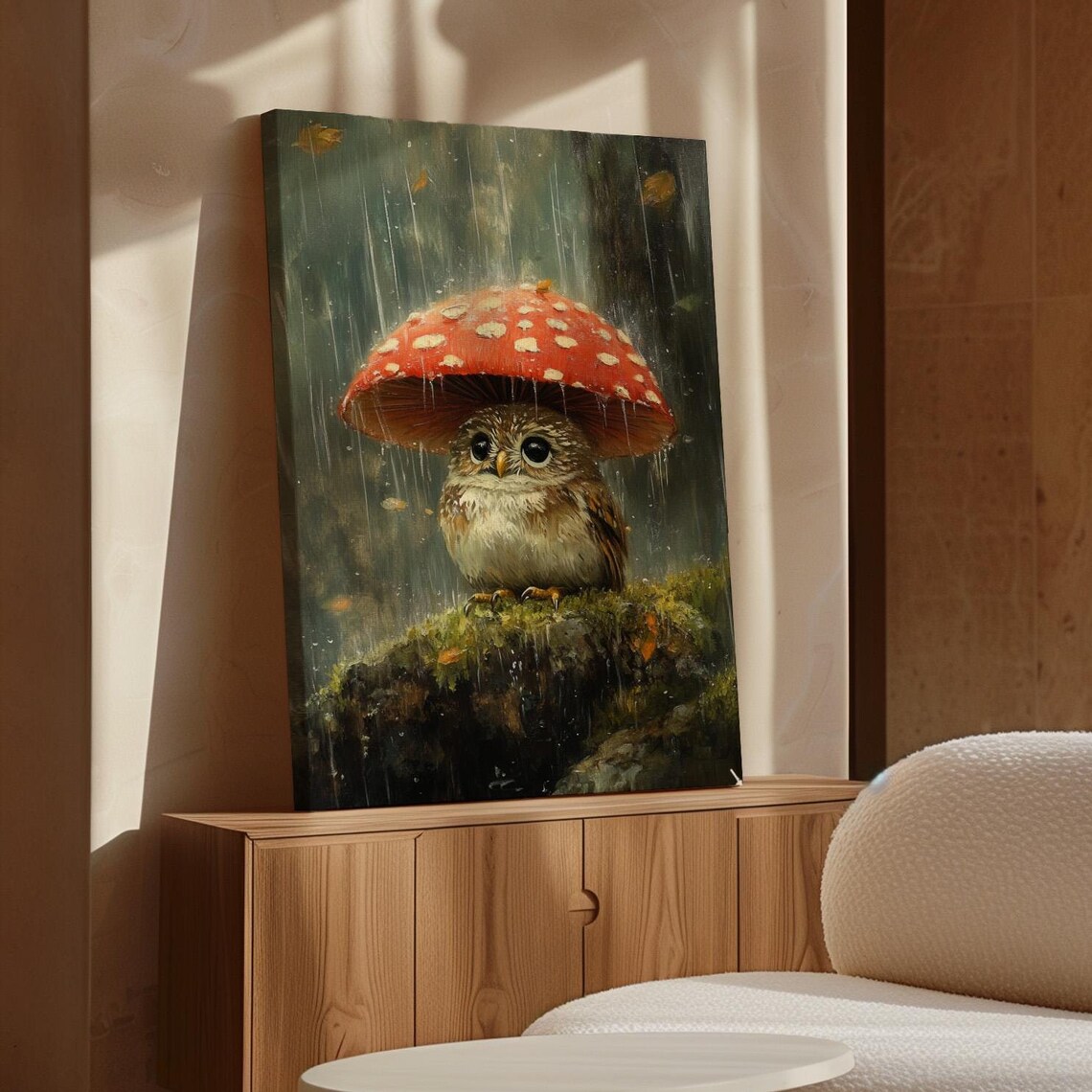 Adorable Owl Under Mushroom Art Print, Woodland Scene