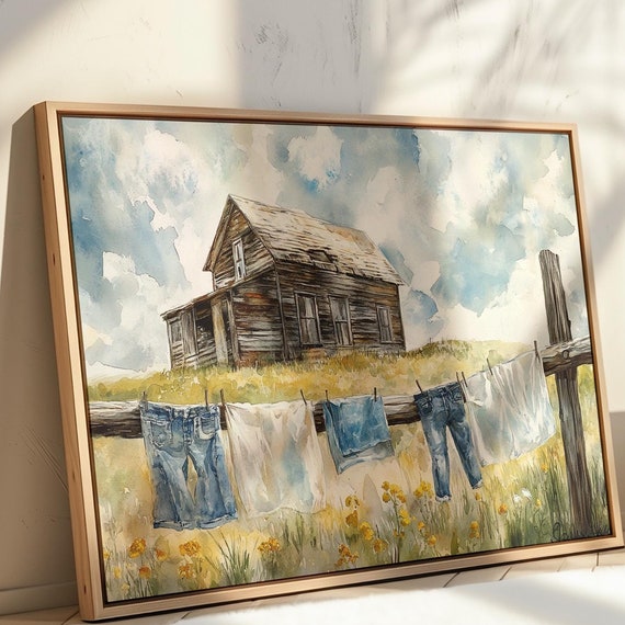 Charming Rustic Farmhouse Watercolor Art With Clothesline Countryside Wall Art For Vintage Farmhouse Home Decor