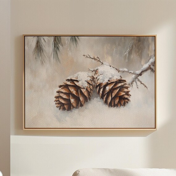 Beautiful Snow Dusted Pine Cones Resting on a Winter Branch Poster