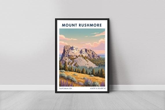 Mount Rushmore Art Print Vintage Travel Style Blue Sky And Cream Tones