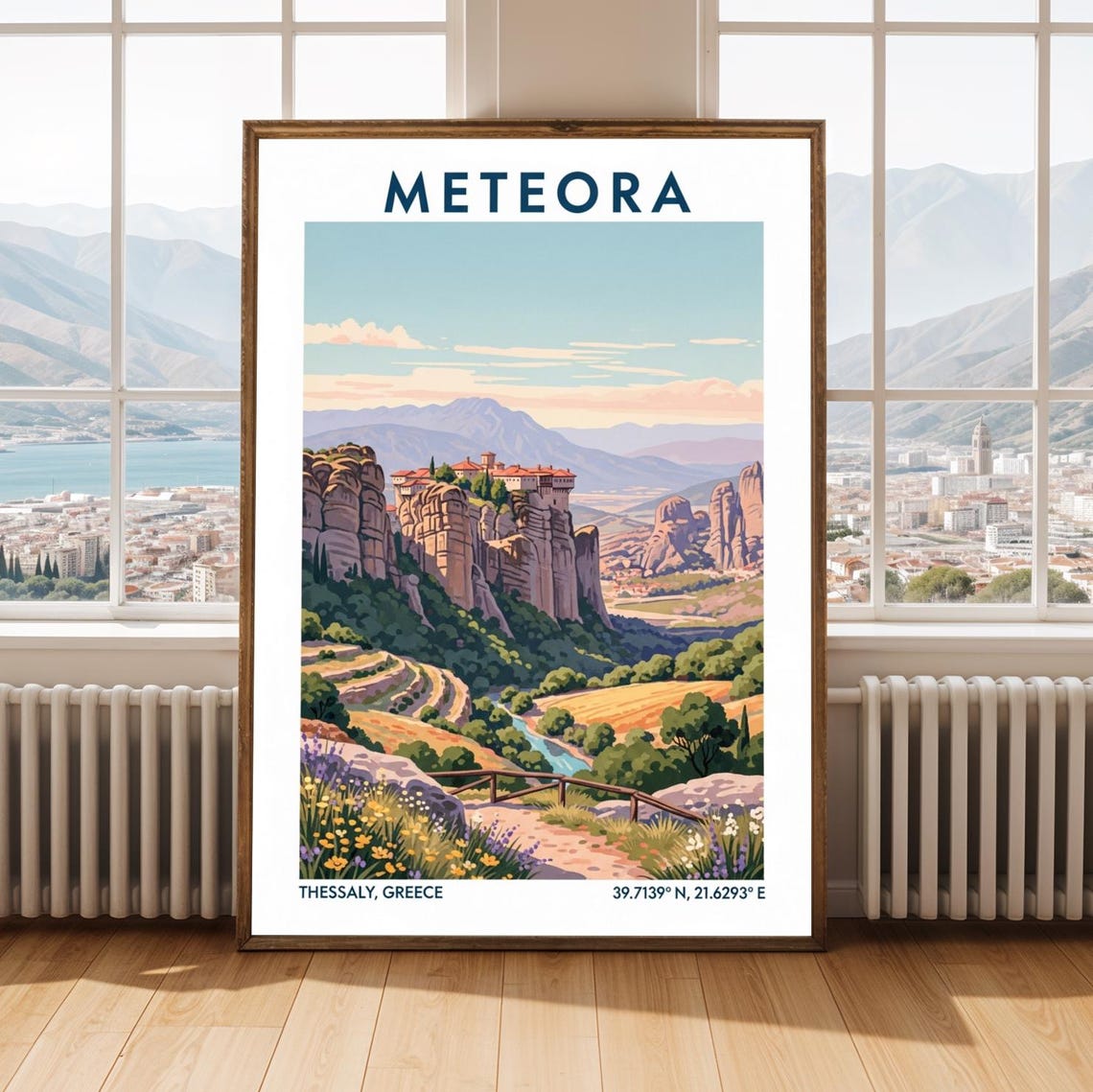 Meteora Greece Monasteries Rock Pillars Vintage Travel Poster