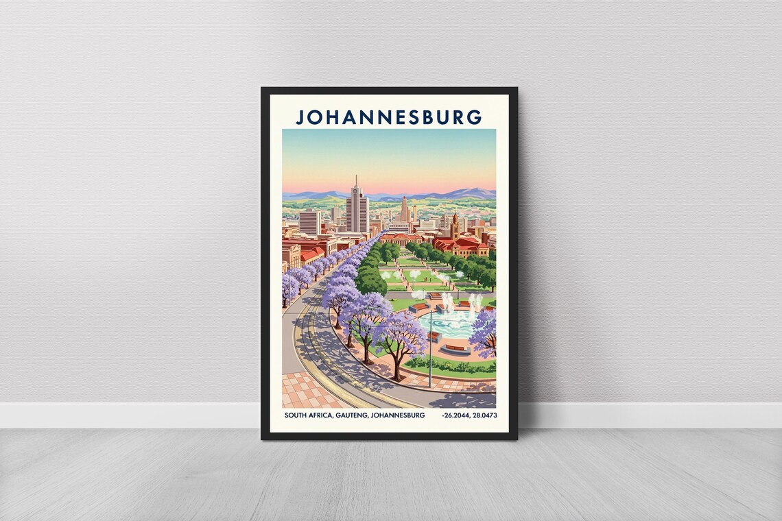 Johannesburg Cityscape Travel Poster Jacaranda Trees Retro Africa Decor