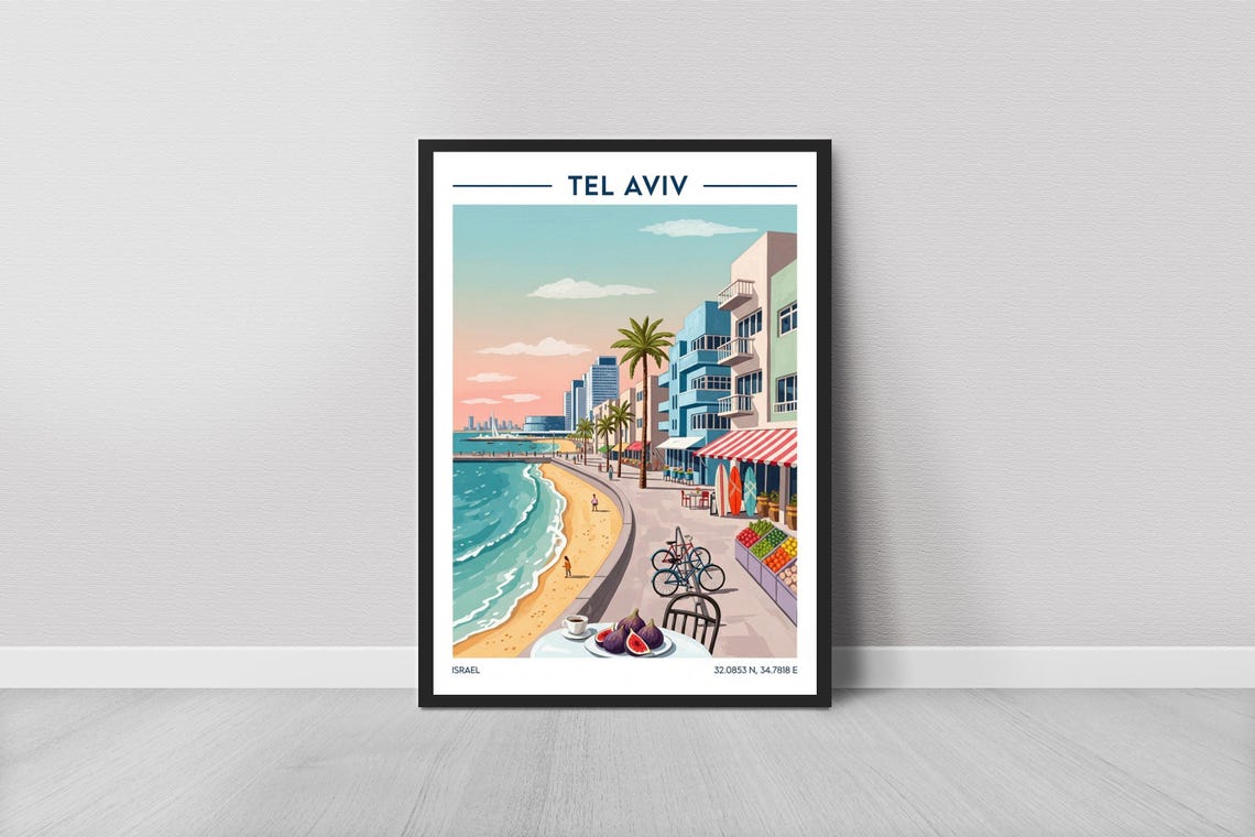 Tel Aviv Israel Beach Promenade Cafe White City Vintage Travel Poster