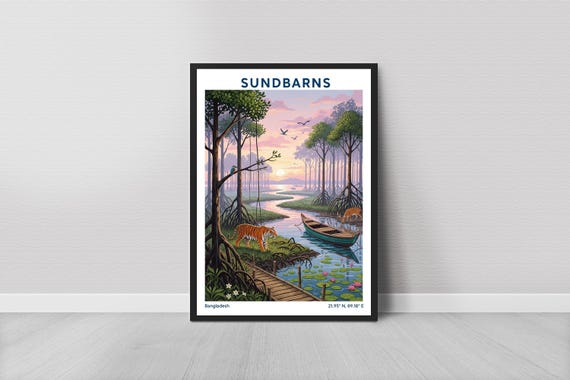 Sundarbans Art Print Rustic Jungle Sunset Tiger And Boat Mixed Media
