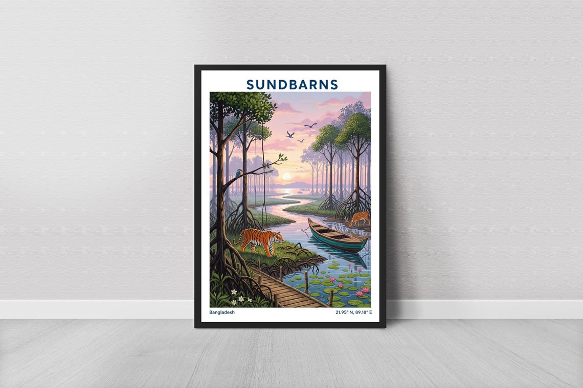 Sundarbans Art Print Rustic Jungle Sunset Tiger And Boat Mixed Media