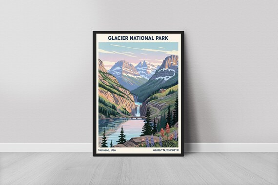 Glacier National Park Montana Waterfall Peaks Minimalist Travel Poster