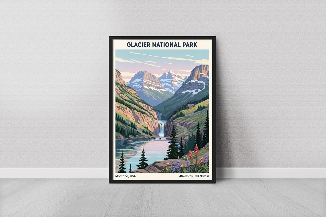 Glacier National Park Montana Waterfall Peaks Minimalist Travel Poster