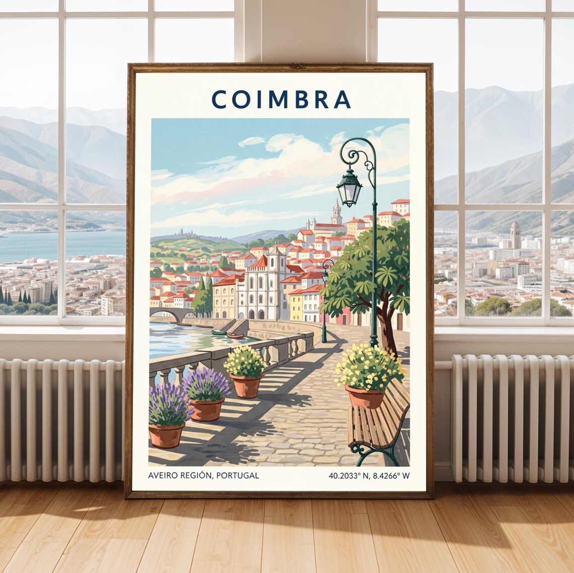 Coimbra Portugal Riverside Promenade Old Town Vintage Travel Poster