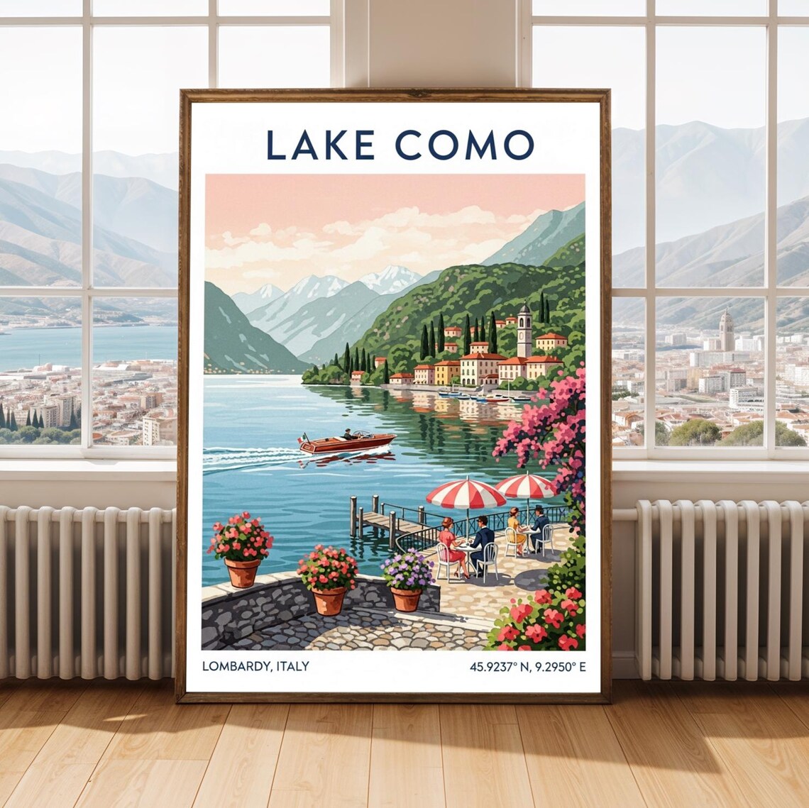 Lake Como Italy Vintage Lakeside Cafe Boat Mountain Travel Poster