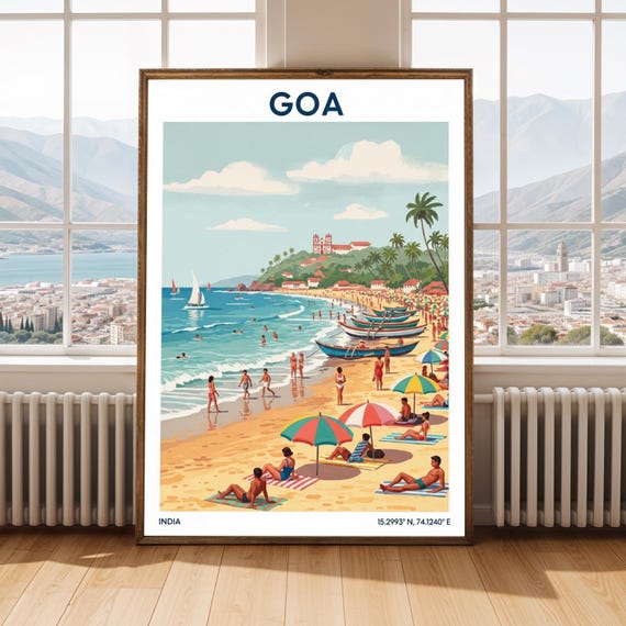 Goa Beach Scene Poster Vintage Travel Illustration