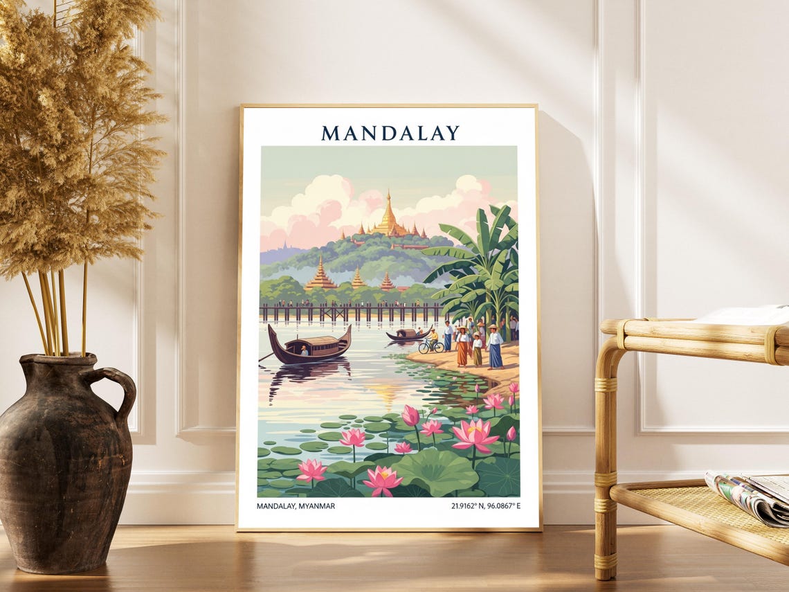 Mandalay Myanmar Lotus Lake Golden Pagodas Vintage Travel Poster